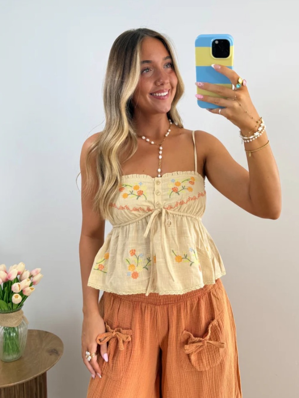 Light Yellow Embroidered Peplum Cami Top